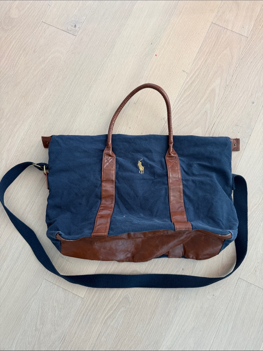 Ralph Lauren Navy Canvas Duffel with Brown Leather Handles and a Leather Bottom